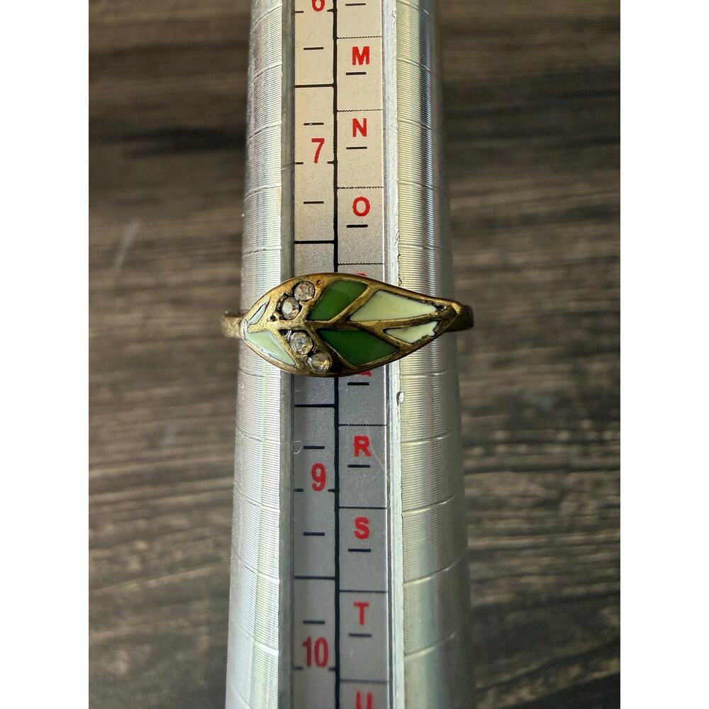 Vintage Art Nouveau-Inspired Mosaic Leaf & Rhinestone Ring Sz. 8